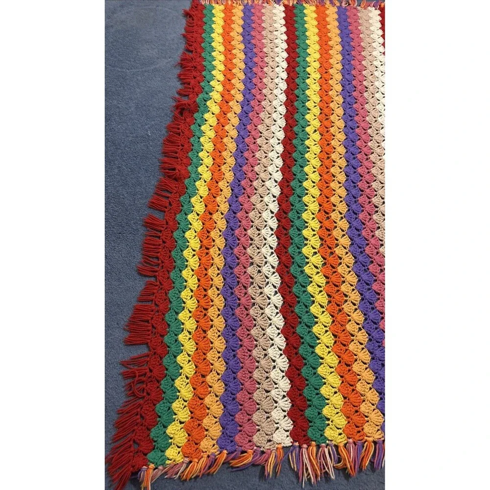 Handmade Crochet Blanket Afghan 63x43 Inches Multicolored Shell Or Fan Stitch